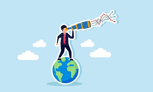 A businessman observes a line chart from above the globe, illustration of business evaluation and analysis related to competitor performance vector