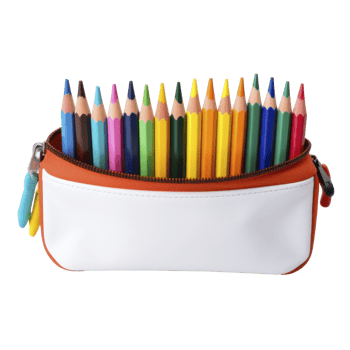 A pencil case with a zipper and a white and orange color isolated on transparent background png