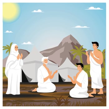 Group of Pilgrims Engaged in Prayer in Front of Tents and Mountain. vector
