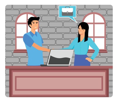 Happy woman accepted to work. Agreement in the Office Between Two Coworkers in a Brick Walled Workspace. vector