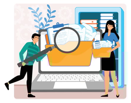 Money savings estimation. People taking documents from shelves. vector