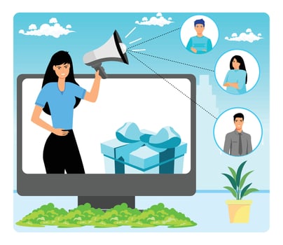 Digital Marketing Concept With Woman Announcing Gift Promotions On Screen. vector