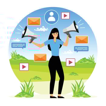 Businesswoman promoting social media communication with megaphones. vector