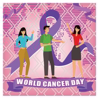 World Cancer Day Concept with Diverse Characters and Awareness purple Ribbon. vector