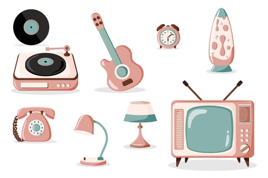 Retro 70s style living room items, isolated on white background vector