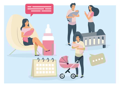 Family Taking Care of Newborns with Parenting and Baby Essentials. vector