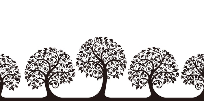 Monochrome Seamless Row Of Trees Silhouette Illustration Isolated On A White Background. Horizontally Repeatable. vector