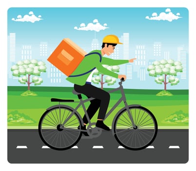Online delivery service concept. Courier Service Cyclist Delivering Package in Urban Park Setting. vector