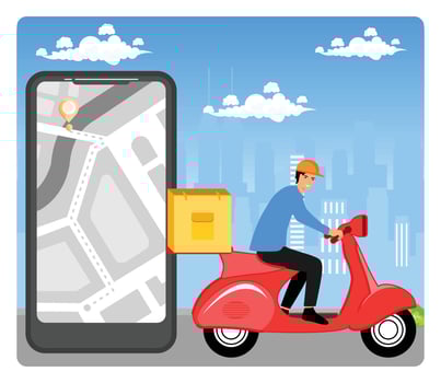 Online order tracking. Motorbike with delivery men. vector