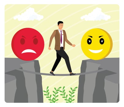 Emotional balance. Businessman Balancing Between Emotions on Tightrope. vector