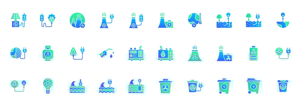 Icon set Renewable energy and power with solar energy, nuclear reactor power station, power plant industry, wave energy, geothermal energy and portable electric generator. Fill gradient concept icon. vector