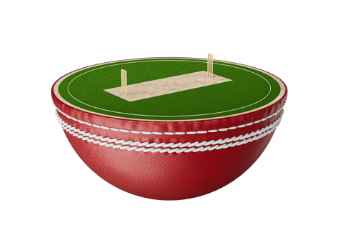 Red cricket ball with stitching and a miniature cricket field on top. 3D Illustration png