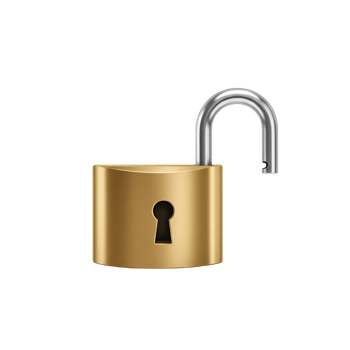 A golden padlock with a silver shackle is open on transparent background png