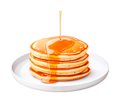 Stack of fluffy pancakes with maple syrup drizzle on a white plate, cut out png
