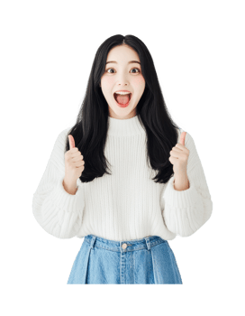 Excited young asian female expressing joy with thumbs up gesture, cut out png