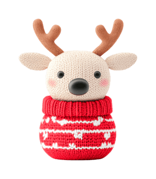 Cute knitted reindeer with antlers and red sweater, cut out png