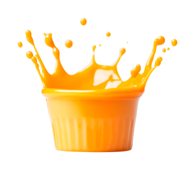 Orange splash in ceramic dish captures dynamic movement of liquid, cut out png