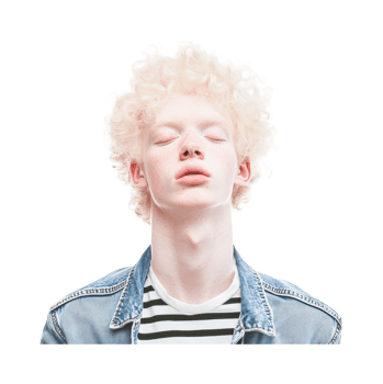 Young caucasian male with curly hair and closed eyes wearing denim jacket, cut out png