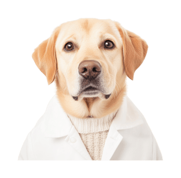 Labrador retriever in white coat with beige sweater, cut out png