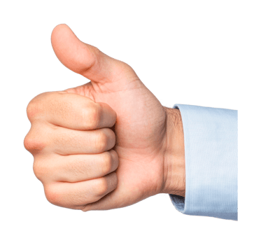 Male hand showing thumbs up gesture in blue sleeve, cut out png