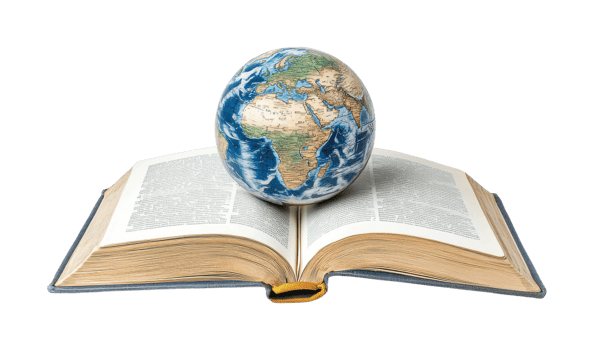 Open book with globe on top representing global knowledge and learning, cut out png