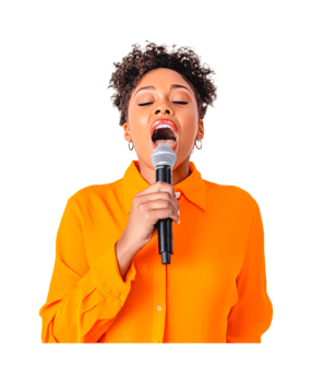 African female young adult singing passionately with microphone, cut out png