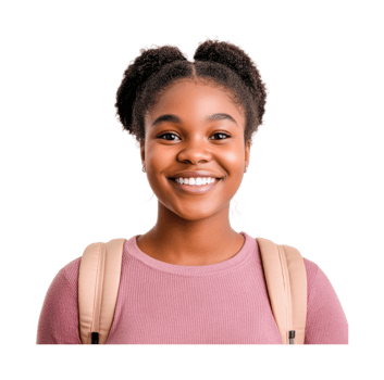 Smiling african female teen with backpack and curly hair, cut out png
