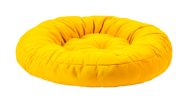 Cozy yellow round dog bed with plush cushioning, cut out png