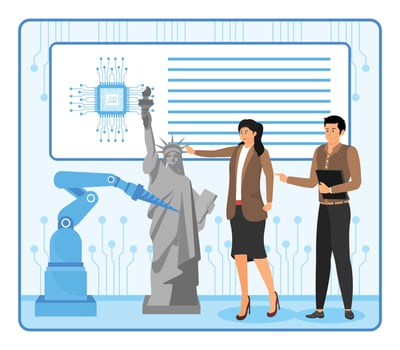 AI Analyze Art Restoration. Engineers Discussing Robotics and Artificial Intelligence with Statue Integration. vector