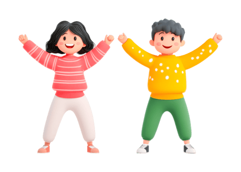 Cartoon children in colorful outfits celebrating with raised arms, cut out png