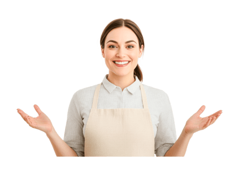 Smiling young caucasian female chef with apron and open hands, cut out png