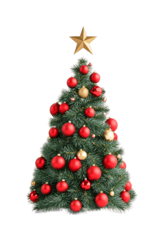 Decorated christmas tree with red ornaments and gold star, cut out png
