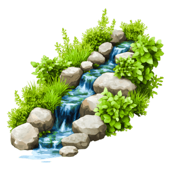 Natural Stream Flowing Over Stones Surrounded by Lush Greenery and Plants png