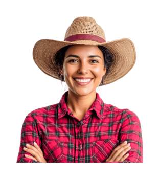 Hispanic young female with straw hat smiling in plaid shirt, cut out png