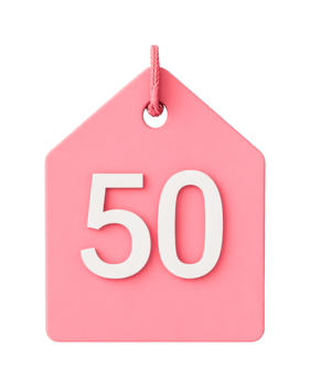 Pink price tag with number 50 on isolated background, cut out png