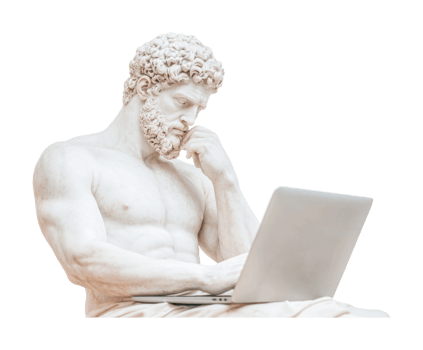 Pensive marble male sculpture with laptop depicting modern technology influence, cut out png