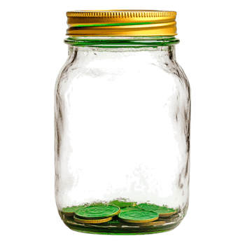 Empty Glass Jar with Golden Lid and Currency Coins Inside png