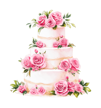 Elegant three-tier wedding cake with pink roses and green leaf accents, cut out png