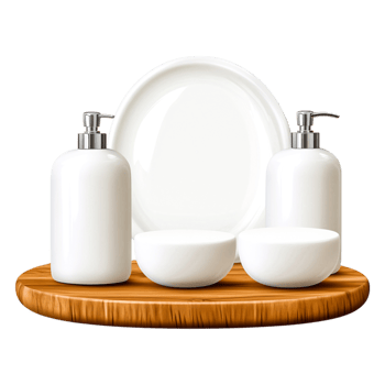 Minimalist White Bathroom Essentials on Wooden Tray Stylish Presentation png