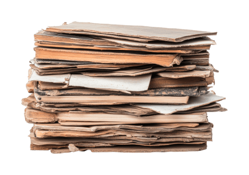 Stack of vintage books and papers showing signs of aging and wear, cut out png