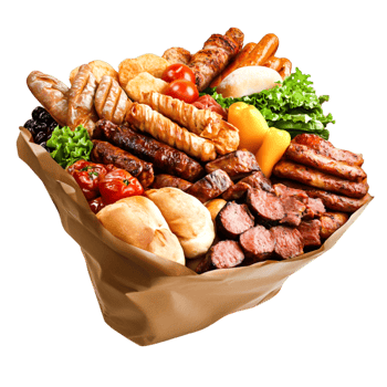 Assorted Platter of Grilled Meats, Sausages, Breads, and Fresh Vegetables png