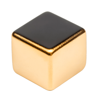 Shiny gold and black dice cube with rounded edges, cut out png