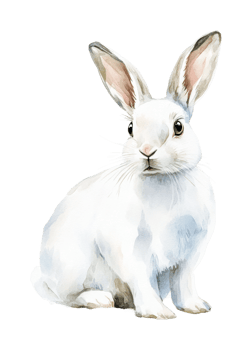 Watercolor painting of a white rabbit with upright ears, cut out png