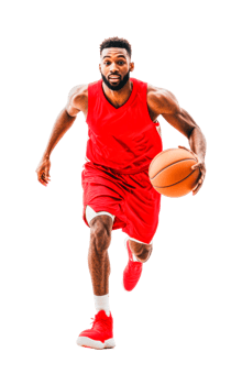 African male young basketball player dribbling in red uniform, cut out png