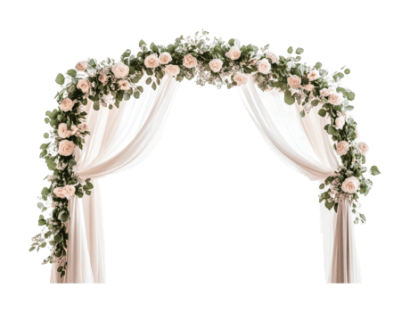 Elegant floral wedding arch with white drapes and pink roses, cut out png