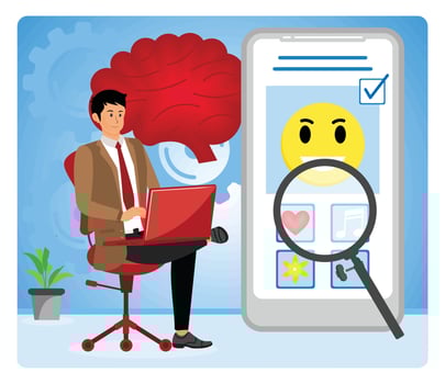 Using Mental Health App. Businessman Analyzing App with Emotional Highlighting Artificial Intelligence. vector