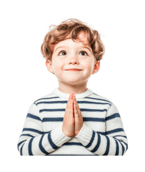 Joyful caucasian young child praying with hope and happiness, cut out png