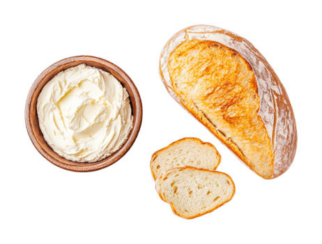 Artisan bread with cream cheese spread on light surface, cut out png