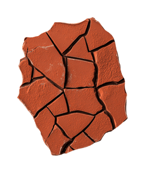 Shattered red clay fragment with irregular cracks and textured surface, cut out png