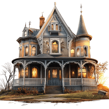 Spooky Victorian mansion glowing windows at dusk png